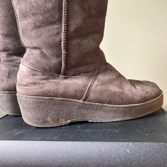 Clarks | Suede Shearling Rabbit Fur Lined Tall Wedge Winter Boots - Picture 5 of 9